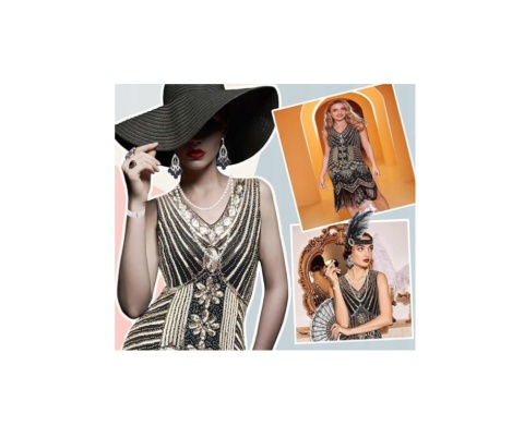 Stylowa sukienka RETRO Z cekinami styl lat 20 wielki Gatsby KOMPLET M