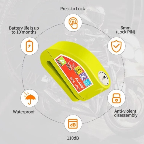 Blokada Tarczy Hamulcowej z Alarmem Do Motocykli i Rowerów Wodoodporna