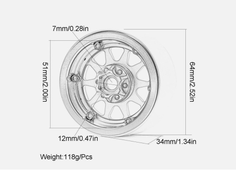 Felgi aluminiowe RC 2.2" z beadlockiem, odsunięcie piasty -10 mm