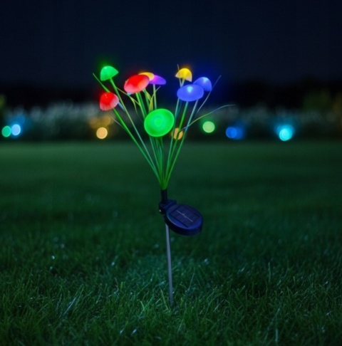 Lampa solarna ogrodowa wbijana grzybki kolorowe LED 10 grzybków czujnik zmierzchu