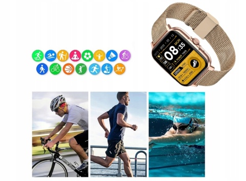 Smartwatch zegarek DAMSKI MĘSKI 2x pasek sport BLUETOOTH rozmowy złoty