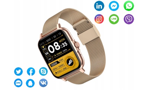 Smartwatch zegarek DAMSKI MĘSKI 2x pasek sport BLUETOOTH rozmowy złoty