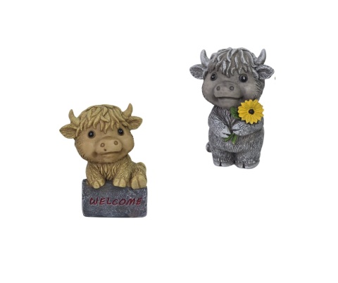 Zestaw 2 figurek szkockiej krowy górskiej, dekoracja żywiczna 11 x 9cm